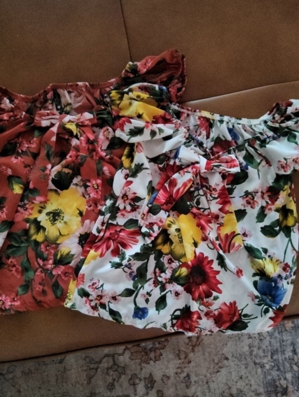 Floral Off-Shoulder Blouses with Ruffle Trim - White & Coral